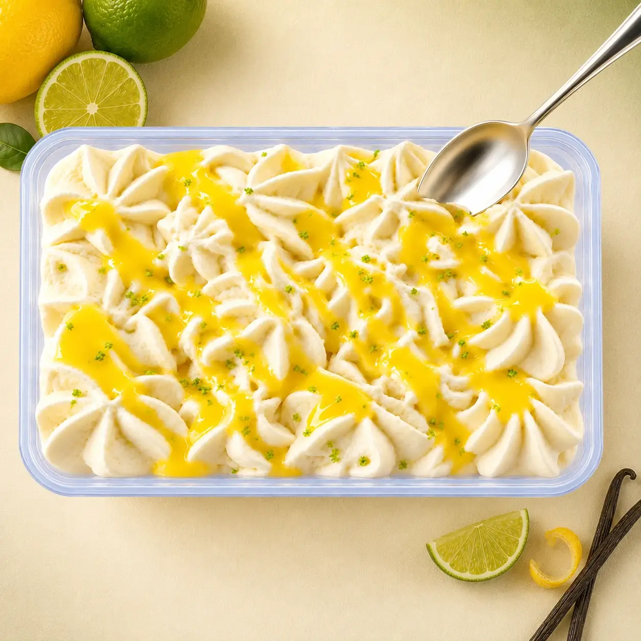 Dessus du tiramisu citron Touremisus avec crème pochée et coulis de citron