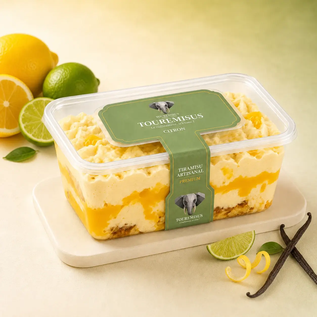 Boîte de tiramisu citron Touremisus vue de trois quarts