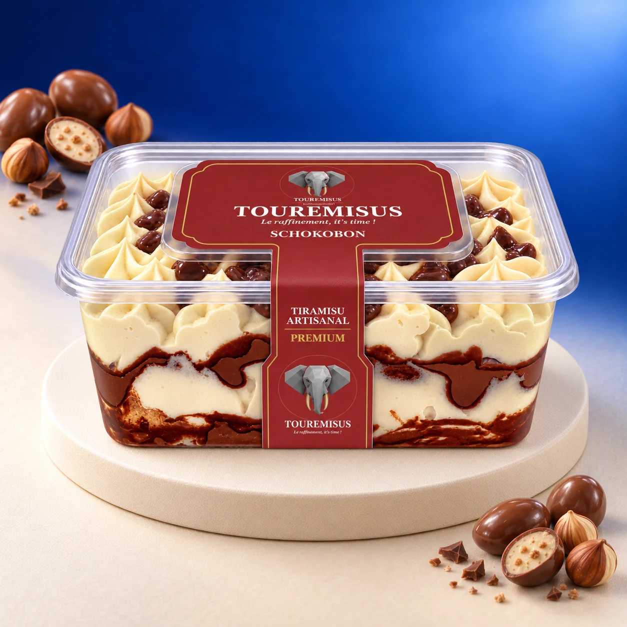 Boîte de tiramisu Schokobon Touremisus vue légèrement plongeante