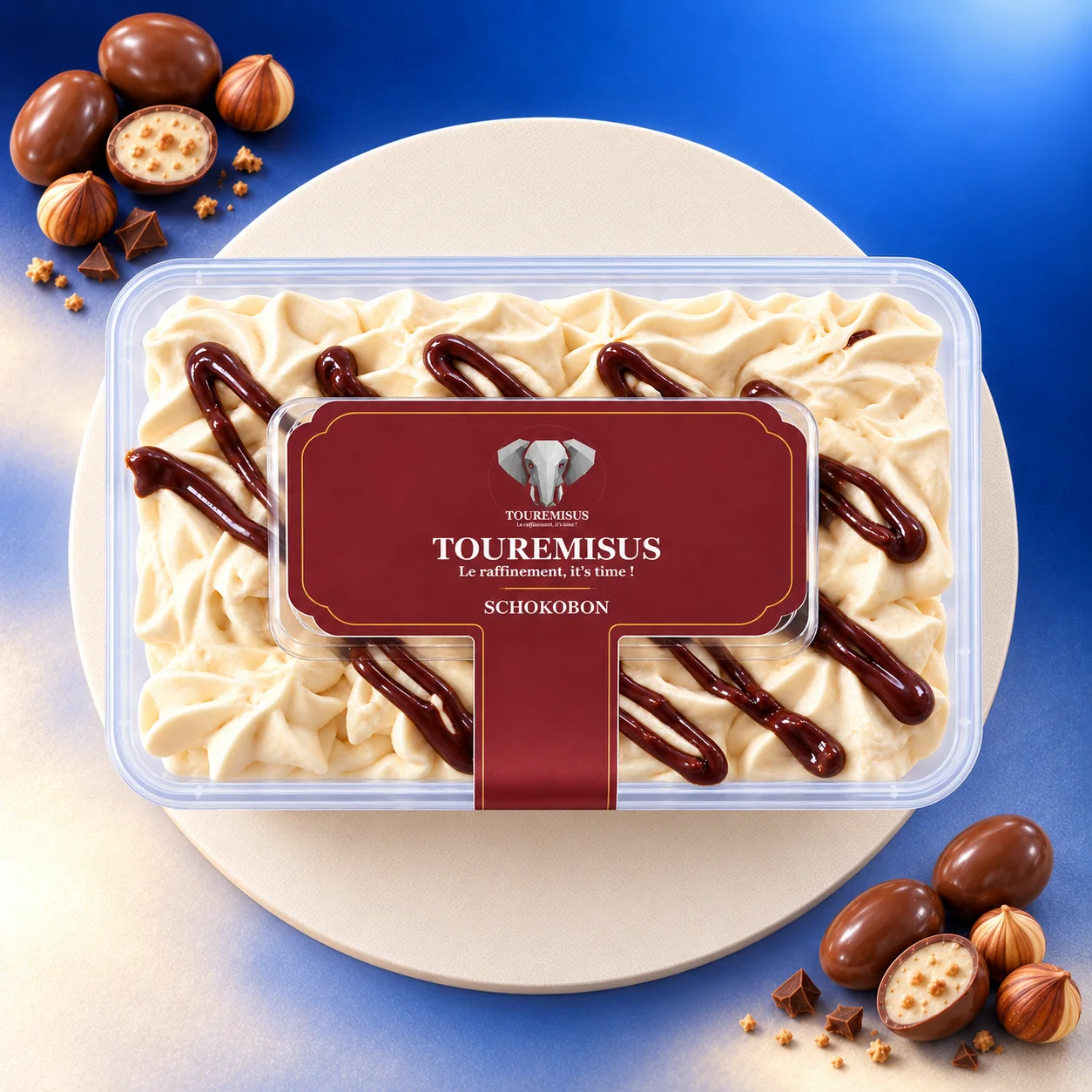 Boîte de tiramisu Schokobon Touremisus vue de dessus avec son étiquette