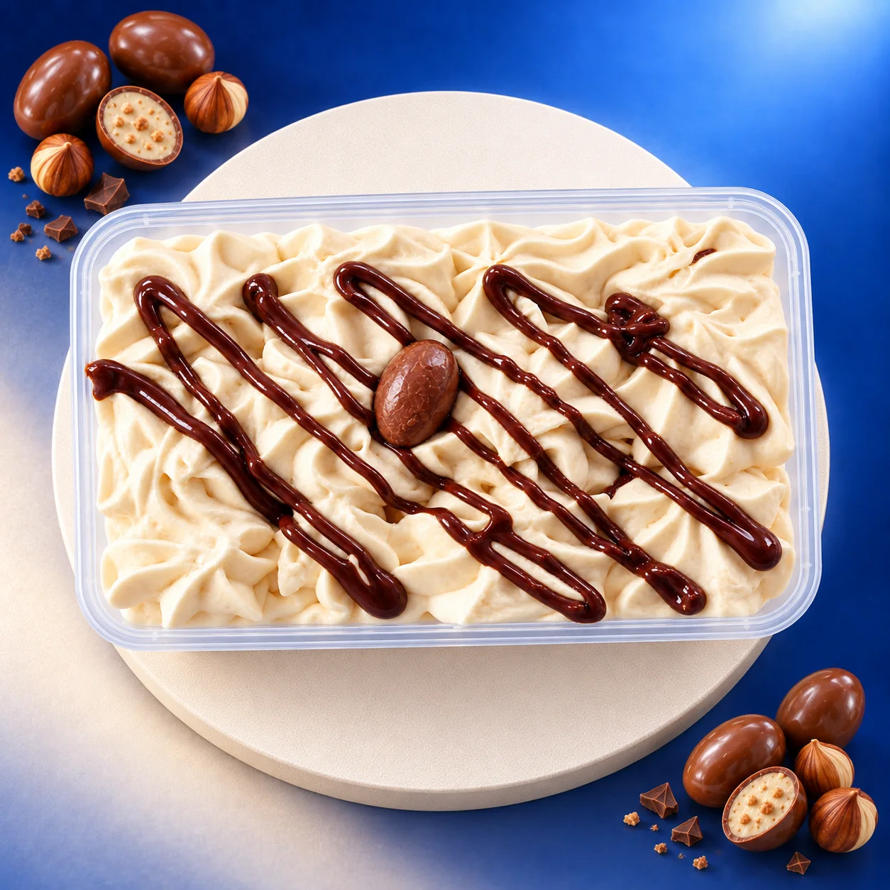 Dessus du tiramisu Schokobon Touremisus avec crème pochée et bouchées chocolatées
