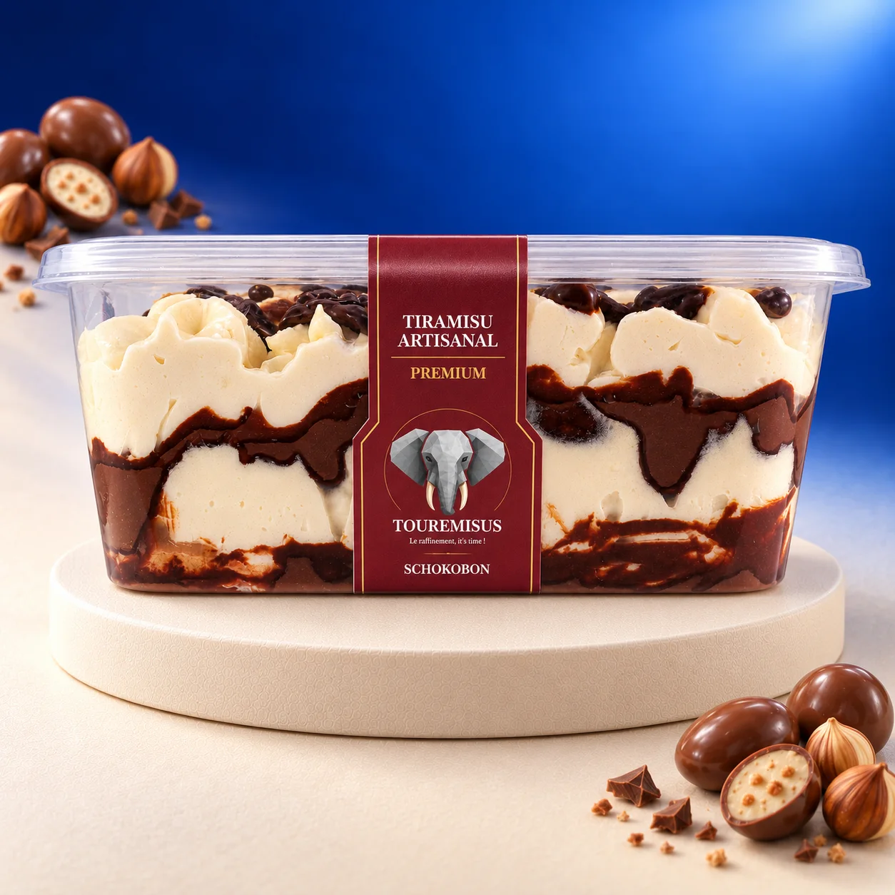 Tiramisu Schokobon Touremisus vu de face avec ses couches de crème et de chocolat