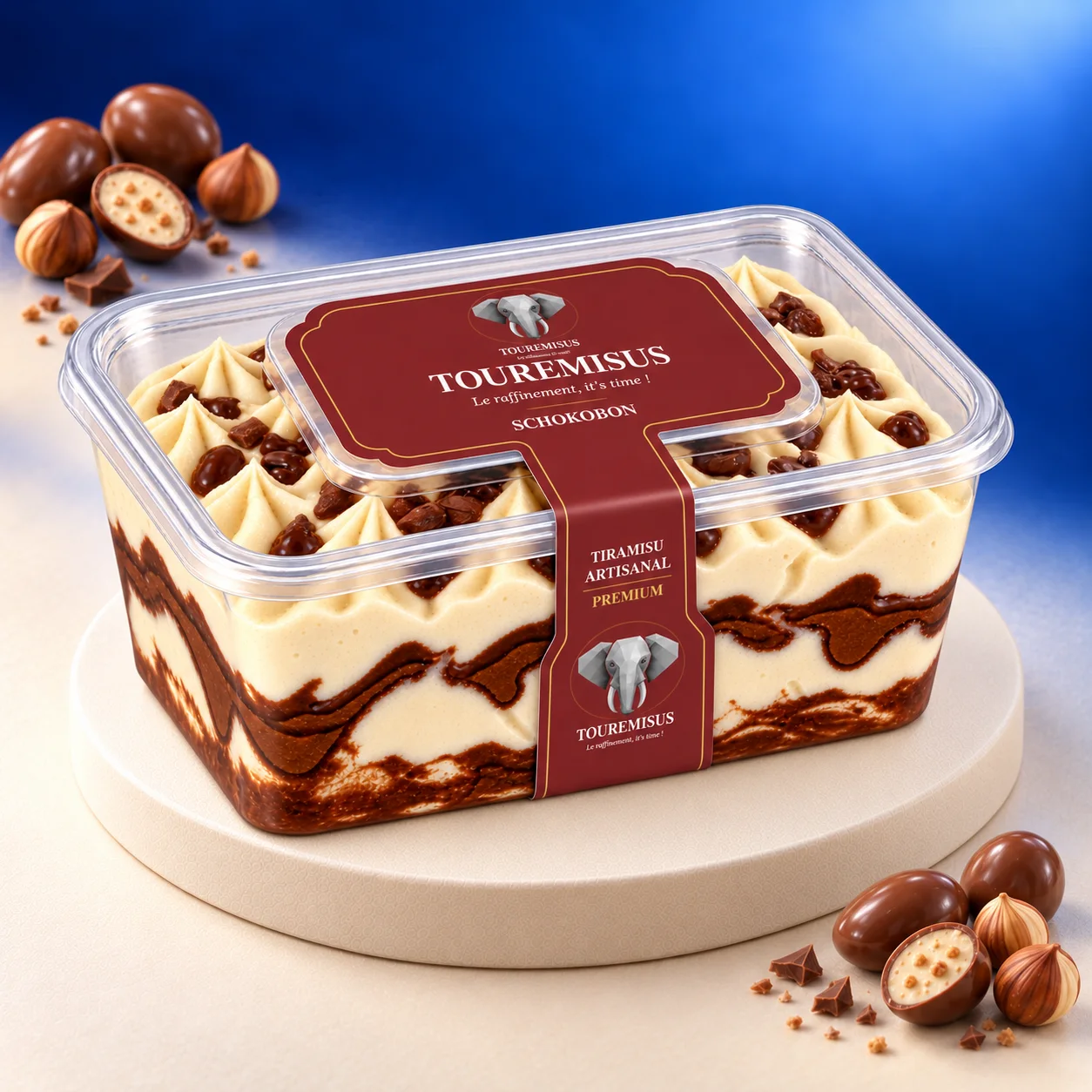 Boîte de tiramisu Schokobon Touremisus vue de trois quarts