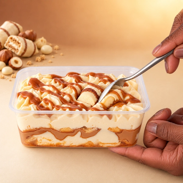 Cuillère prélevant une bouchée de tiramisu Kinder Bueno White Touremisus