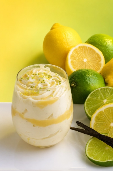 Tiramisu citron Touremisus présenté avec des citrons jaunes et verts
