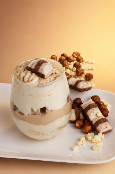 Tiramisu Kinder Bueno White Touremisus présenté avec des noisettes et des gaufrettes au chocolat blanc